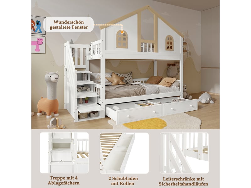 Lit superposé 90x200 cm - avec rangement - en bois - bicolore CARDUME ESTIVAL - Conforama D