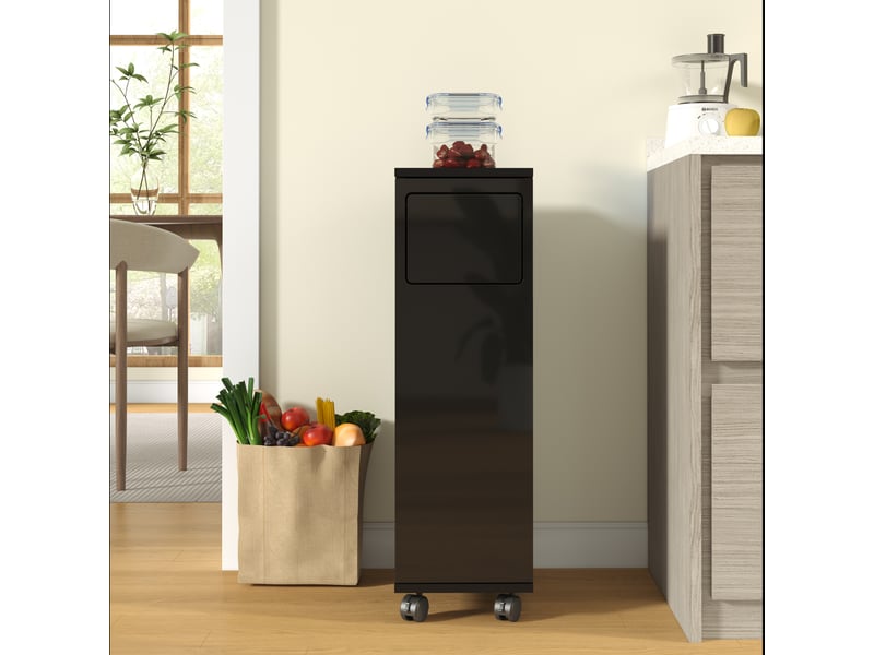  Meuble poubelle 24,2x35,1x80,2 cm avec roulettes, porte magnétique à ouverture 180°, support sac intégré en mdf finition noyer brillant - noir  - Conforama C