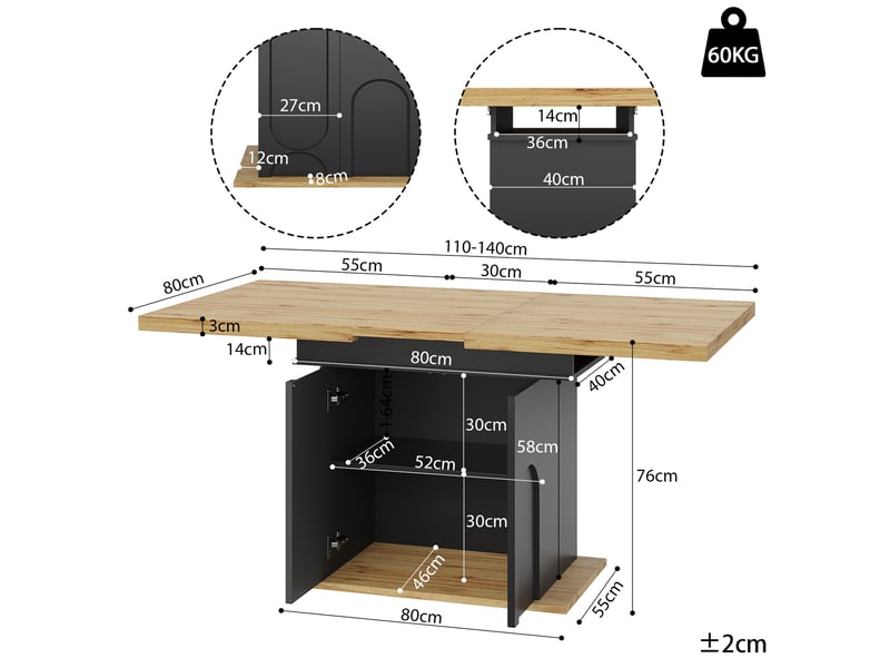 Table extensible 2 à 6 personnes avec rangement pour salle à manger en mdf 110-140×80×76 cm noir naturel - Conforama E
