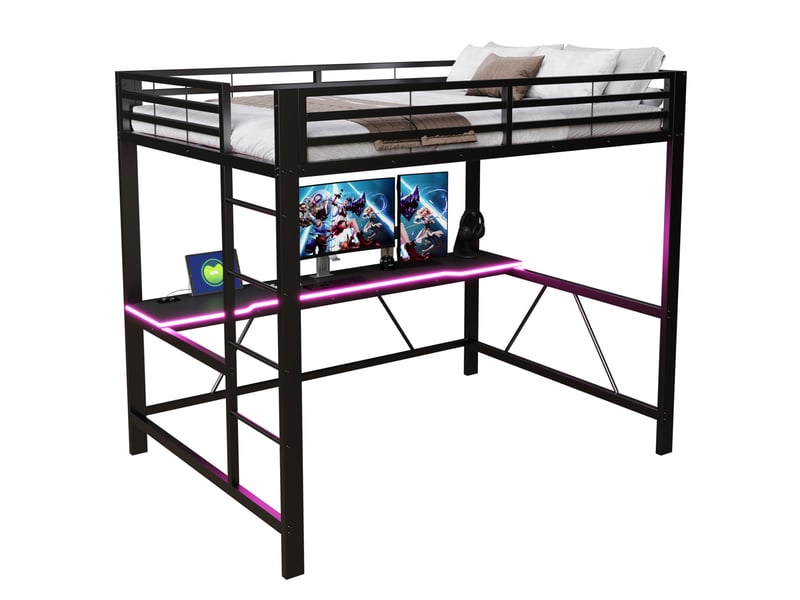  Lit mezzanine gaming 140x200 cm en métal avec bureau, led et usb, noir  - Conforama A