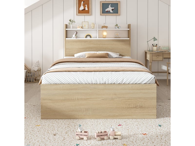  Lit simple lit enfant 90x200 cm, lit rangement avec tête de lit étagère, 2 tiroirs et niches ouvertes, bois massif partiel, blanc + chêne  - Conforama C