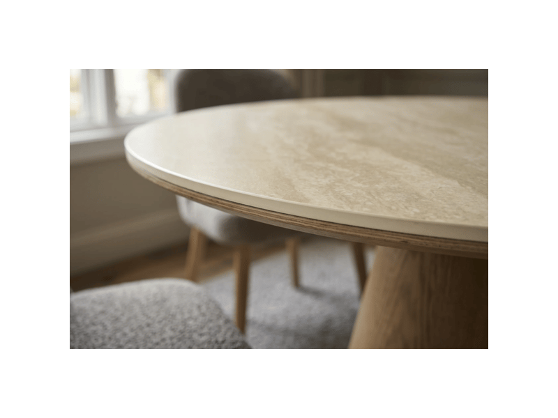  Table de salle à manger ronde lumea 120 cm en céramique beige avec pied central aspect bois – 4 places  - Conforama E