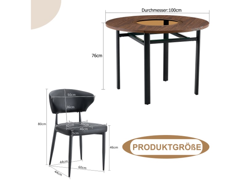  Ensemble table ronde bois 100 cm et 4 chaises pu noires à dossier incurvé – idéal salle à manger et cuisine  - Conforama C