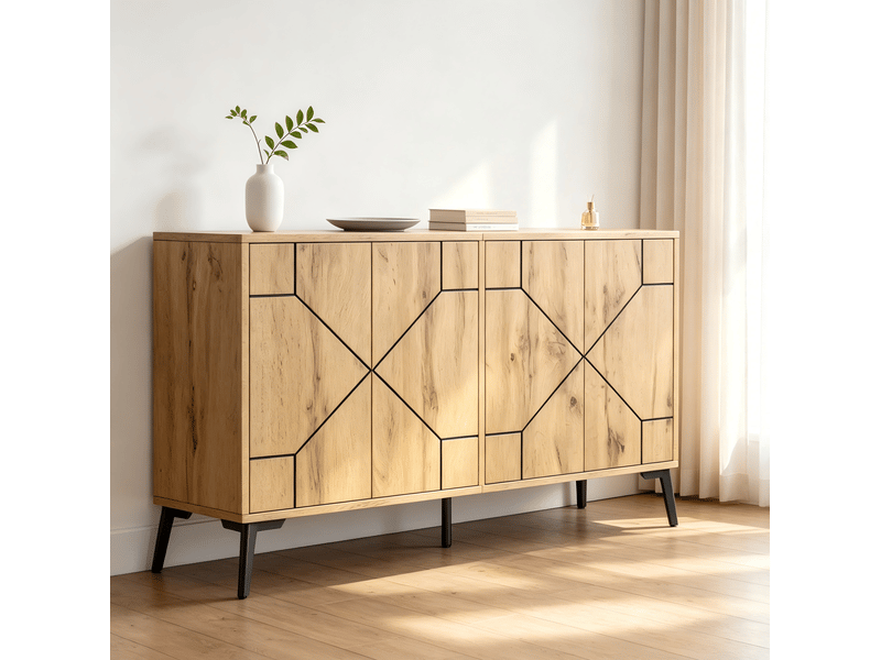  Buffet ulevr 4 portes avec rangement 120 x 35 x 69 cm, mdf et métal, décor chêne naturel, ouverture par pression  - Conforama D