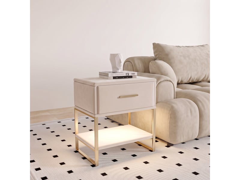  Lot de 2 tables de chevet avec led, table de pour chambre et salon, velours et cadre métallique doré avec 1 tiroir et étagères ouvertes, beige  - Conforama C