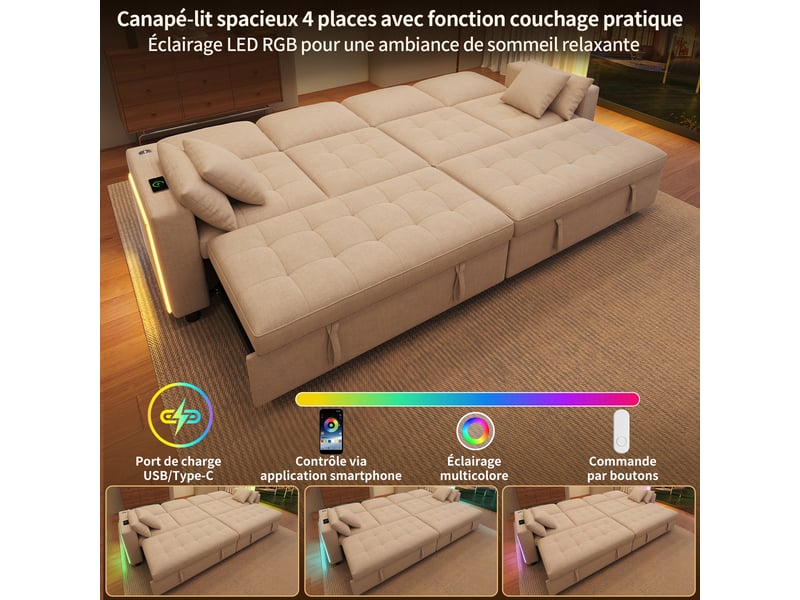 Canapé d'angle convertible 4 places 262,5x140x89 cm en chenille, canapé-lit avec 2 couchages escamotables, dossier réglable, led, usb type-c -beige - Conforama E