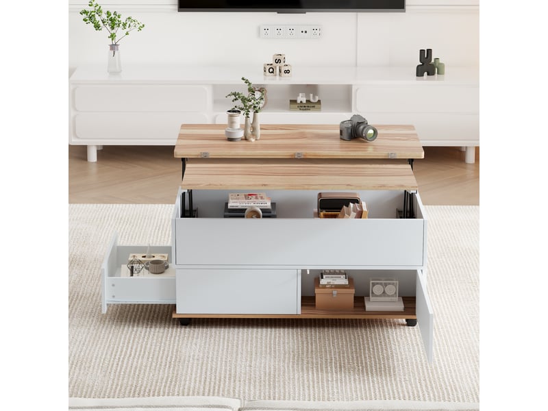  Table basse relevable 100x98x65 cm avec rangements (tiroir+placard) panneau particules, couleur bois et blanc  - Conforama R