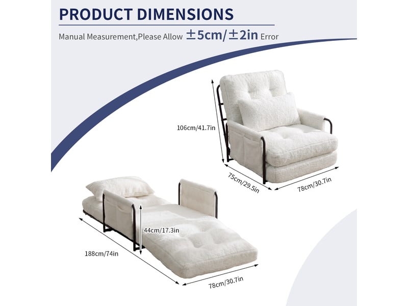 Fauteuil convertible 3 en 1, canapé-lit pliant avec dossier réglable, accoudoirs, coussin et poches de rangement, tissu bouclette - beige  - Conforama E