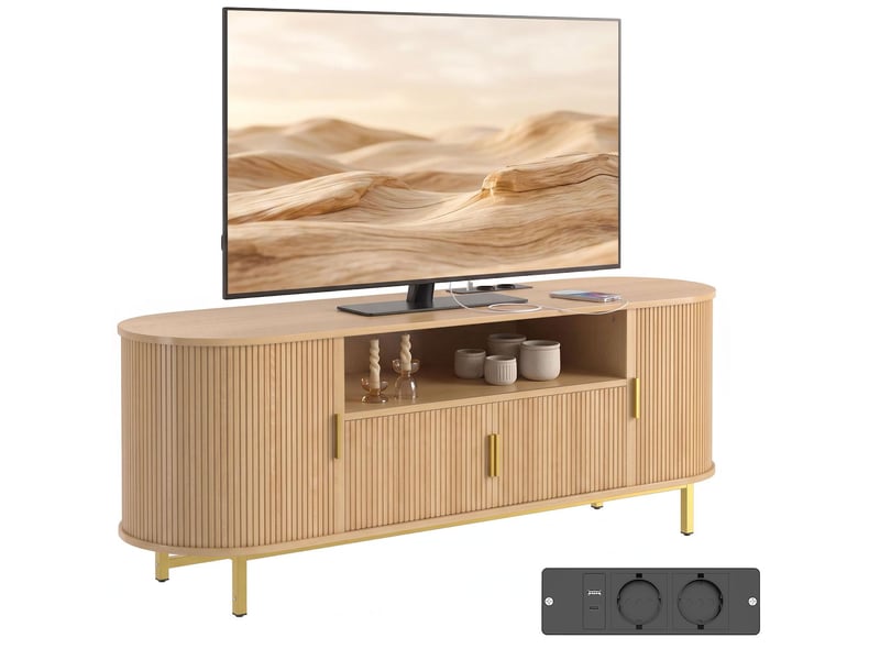  Meuble tv 4 portes avec prises intégrées coloris chêne 140 x 40 x 55 cm  - Conforama A