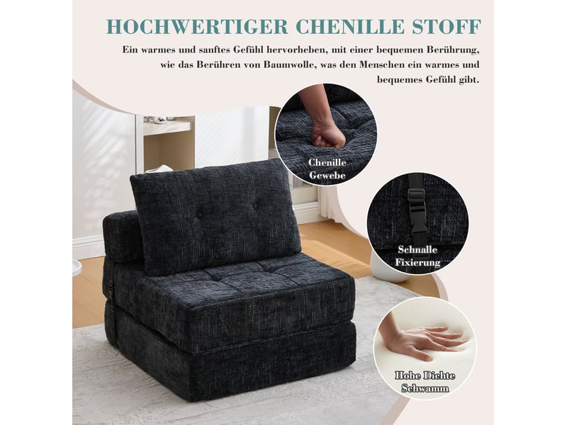  Canapé droit 79x79x57 cm, coussin, canapé simple, pour salon, chambre et bureau, confort doux, tissu chenille, noir  - Conforama E