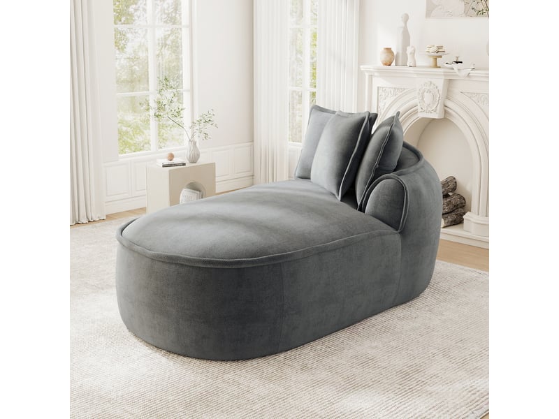 Canapé méridienne droit 2 places en chenille gris avec coussins, assise profonde 122 cm et accoudoirs larges - Conforama B