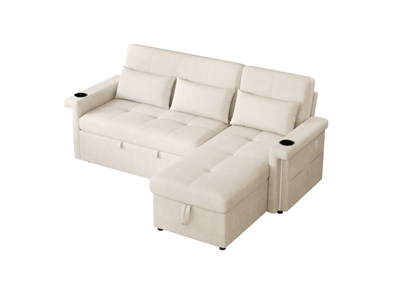 Canapé d’angle convertible 3 places en chenille beige avec led et rangement - Conforama A