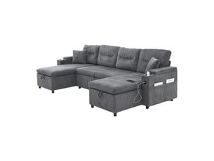 Canapé d'angle convertible 4 places – canapé-lit en velours côtelé avec double méridienne, coffre de rangement, tiroir-lit, porte-gobelets, usb type-c – gris anthracite