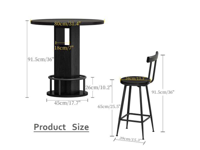  Ensemble bar 3 pièces – table ronde 80 cm + 2 tabourets boismétal noir, repose-pieds annulaire – style industriel  - Conforama C