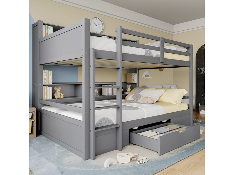  Lit superposé 90x200 cm, lit enfant gris en bois massif, lit superposé avec tiroir et étagères de rangement  - Conforama E