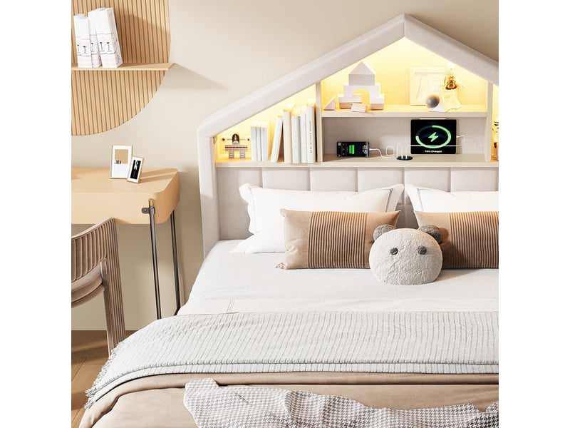  Lit rembourré pour enfants 140x200cm - avec led et port de chargement - avec toboggan - peut être installé à gauche ou à droite - velours - beige (sans matelas)  - Conforama W