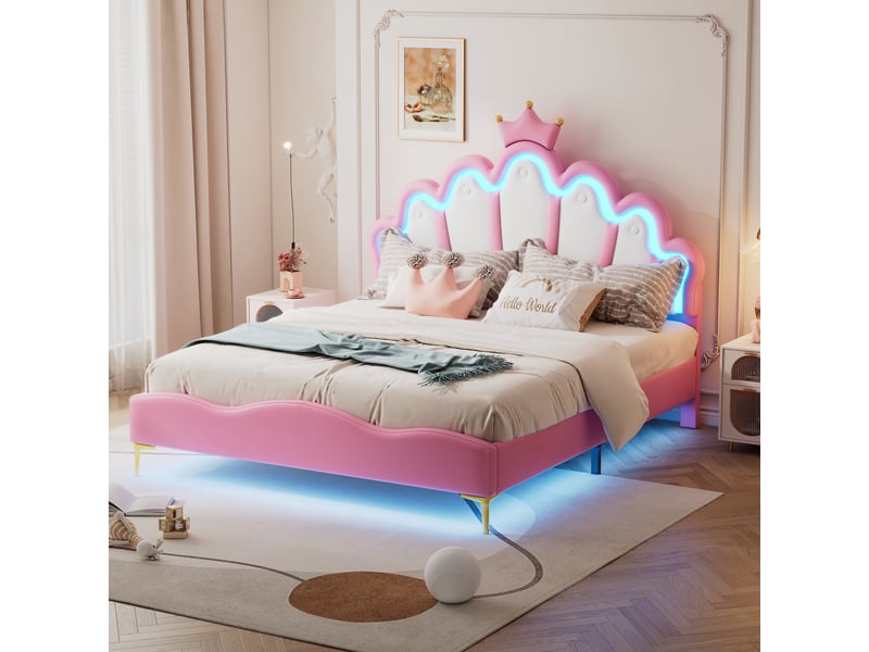  Lit princesse 140x200 cm rose avec tête de couronne rembourrée et led réglable – sans matelas  - Conforama B