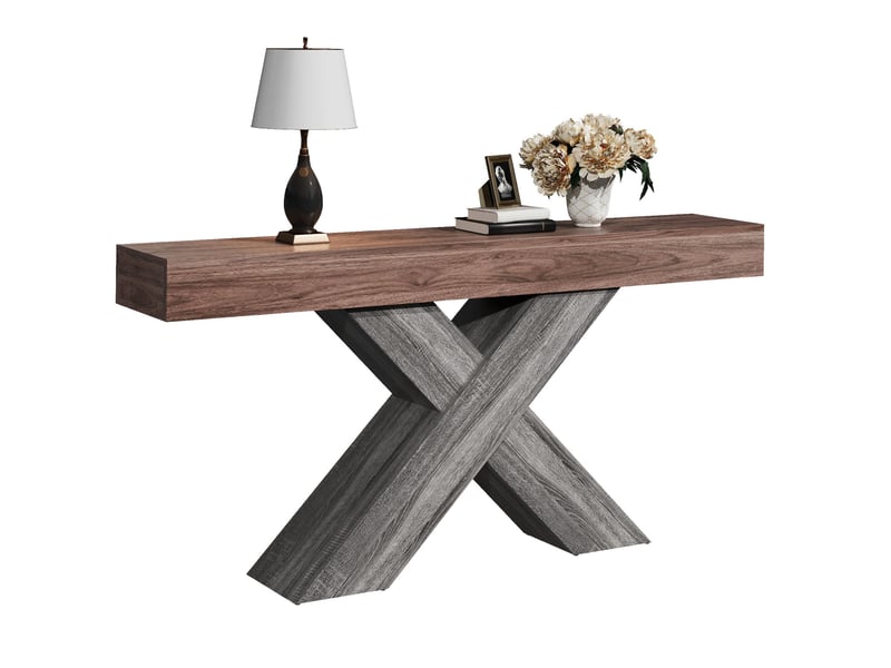  Table console 140 x 30 x 80 cm en panneau de particules, noyer, pieds en x  - Conforama A