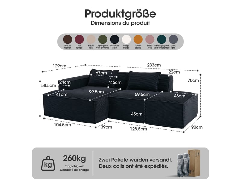  Canapé 3 places en tissu avec 2 coussins, assise ressorts ensachés et mousse haute densité, design épuré  - Conforama C