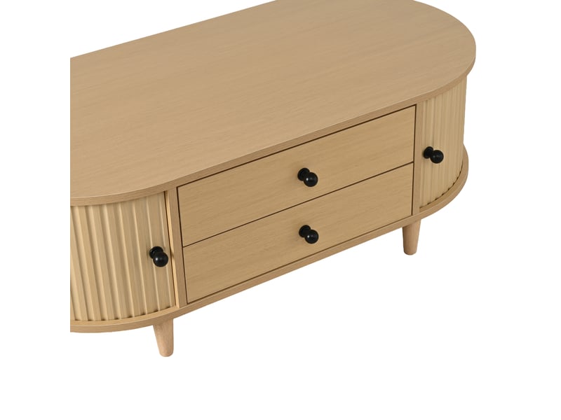  Table basse 100x50x36 cm avec 2 tiroirs et portes à rideau mdf bois clair  - Conforama D