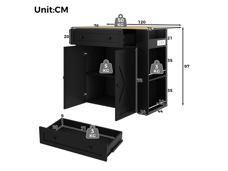  Ilot de cuisine avec plateau rabattable 120x75x97 cm mdf noir  - Conforama C
