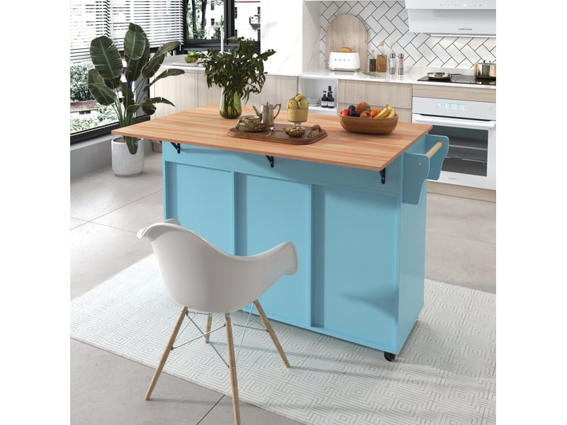  Desserte de cuisine à roulettes avec plateau rabattable en mdf bleu clair  - Conforama B