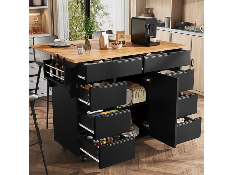  Îlot de cuisine moderne sur roulettes avec plateau pliant, desserte de cuisine avec 8 tiroirs, porte-épices et rangement, noir  - Conforama C