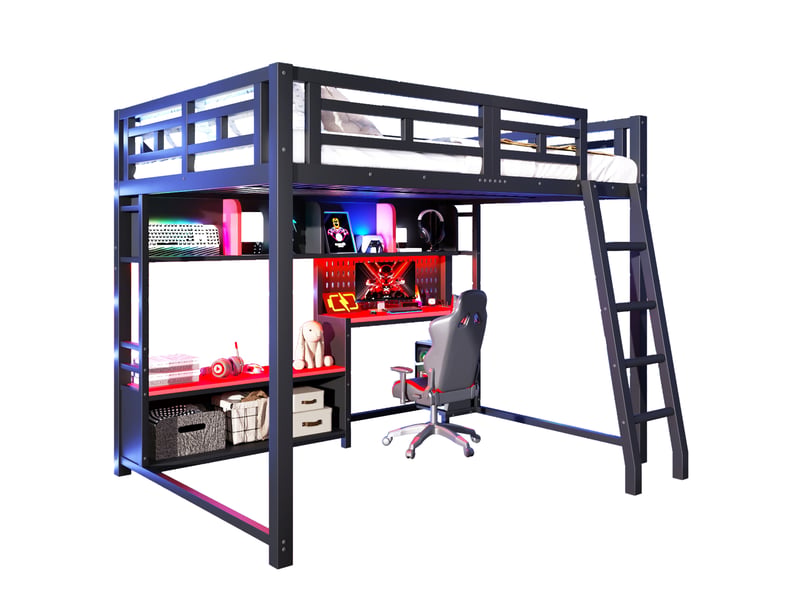  Lit mezzanine gaming 140x200cm en métal avec bureau,éclairage rgb led,étagères,lit superposé avec garde-corps,sans matelas,noir + rouge  - Conforama A