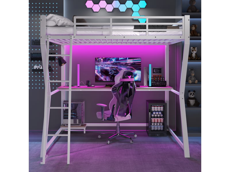  Lit mezzanine 140 x 200 cm - lit double déco avec bureau et led, prises usb intégrées et escalier sécurisé - métal et mdf - sans matelas - blanc  - Conforama E