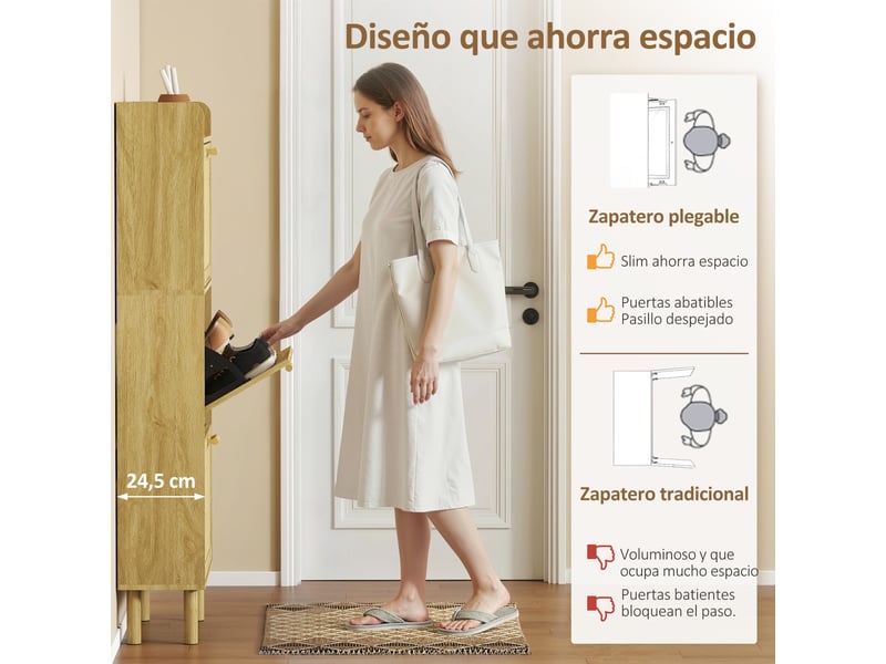  Meuble à chaussures avec 3 tiroirs abattants et une étagère ouverte pour 12 à 18 paires de chaussures, 65 x 24,5 x 153 cm, chêne  - Conforama E