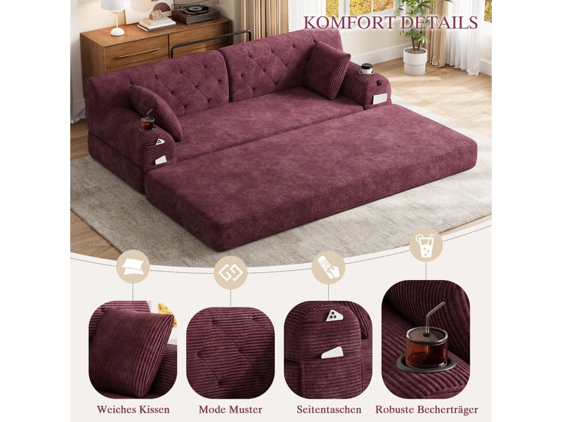  Canapé-lit 3 places 208x80x81 cm fermé, 208x162x60 cm ouvert, 2 porte-gobelets, velours côtelé rouge bordeaux  - Conforama E