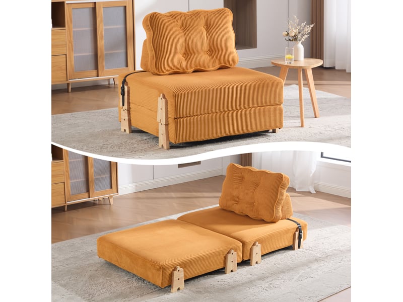 Fauteuil convertible en lit avec dossier rembourré pour petits espaces, en velours côtelé orange - Conforama E