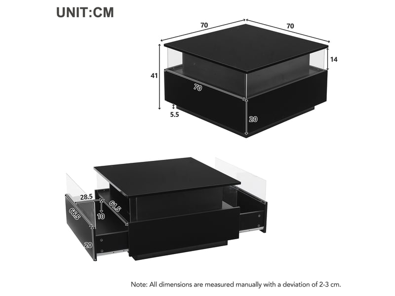  Table basse avec 2 tiroirs, espace transparent et led, pour salon, 70 × 70 × 41 cm, en panneau de particules, noir  - Conforama D