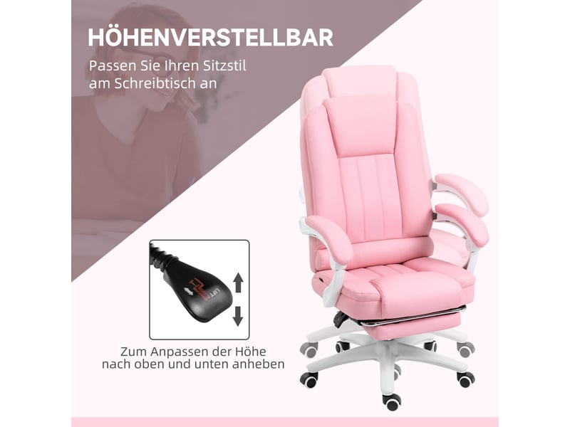  Chaise de bureau ergonomique 65 x 68 x 107-116 cm - inclinable 135° avec repose-pieds rétractable - similicuir - rose  - Conforama D