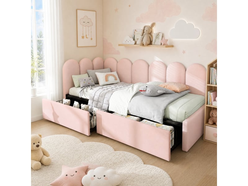  Lit banquette 90x200 cm en velours rose avec 2 tiroirs et sommier à lattes  - Conforama B