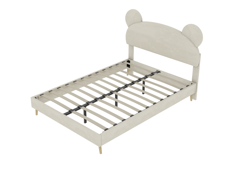  Lit enfant 140x200 cm beige en tissu et métal avec tête de lit à oreilles d’ours  - Conforama E