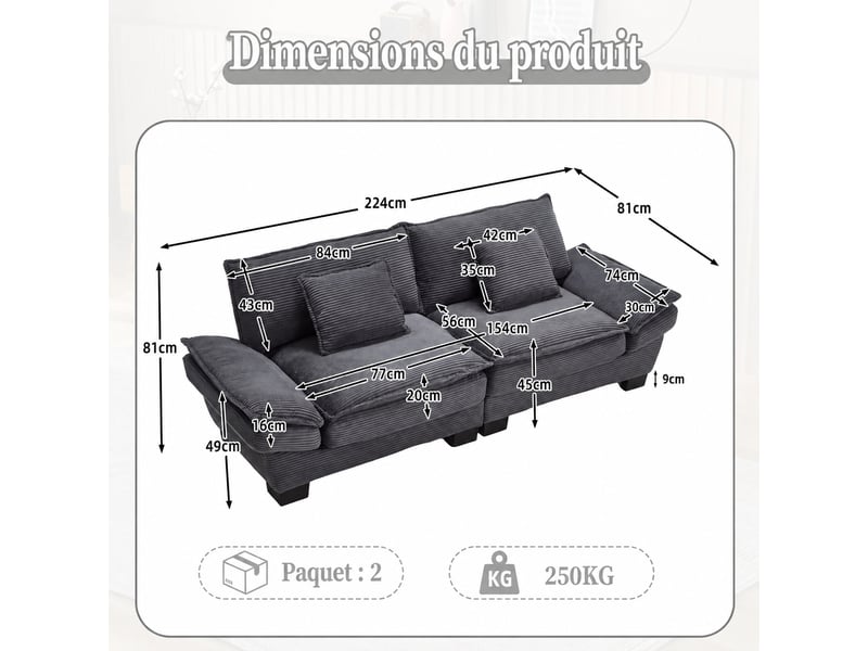  Canapé 2 places en velours gris foncé, assise profonde 224 x 81 x 81  - Conforama C