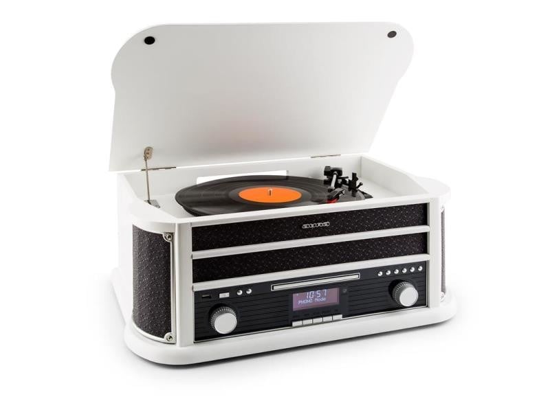Auna belle epoque 1908 dab chaîne stéréo rétro platine vinyle dab+ bluetooth fm usb cd mp3 blanc  - Conforama A