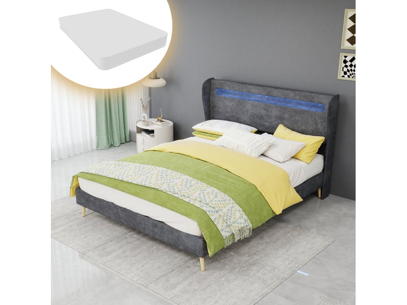  Lit 140x200 cm led intégré métal gris avec matelas  - Conforama E