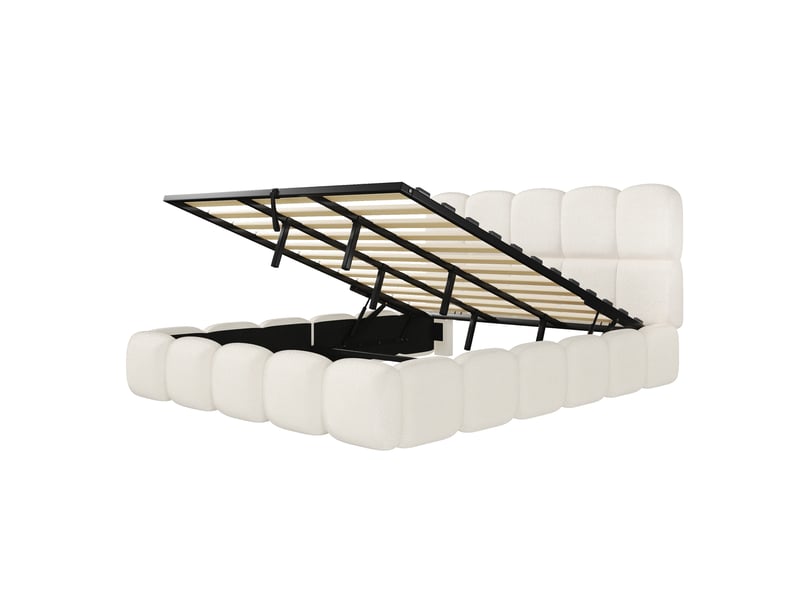 Elvmi lit coffre double 180x200 cm en bouclé blanc avec sommier à lattes, tête de lit rembourrée, rangement hydraulique grande capacité, structure intégrée stable, contours arrondis sécurisés, design élégant et confortable pour … - Conforama A