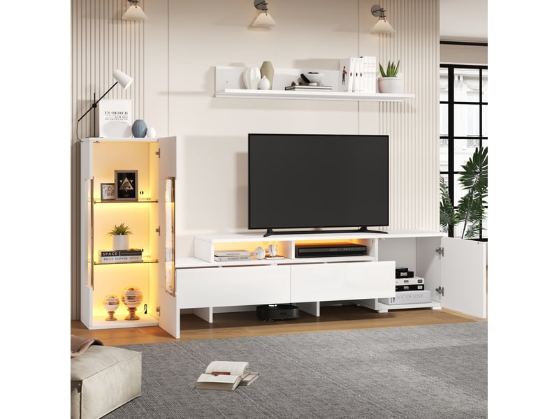 Meuble tv mural 3 éléments avec 1 porte, 2 tiroirs et led pilotées par téléphone pour salon, blanc, 170 × 35 × 45 cm - Conforama D