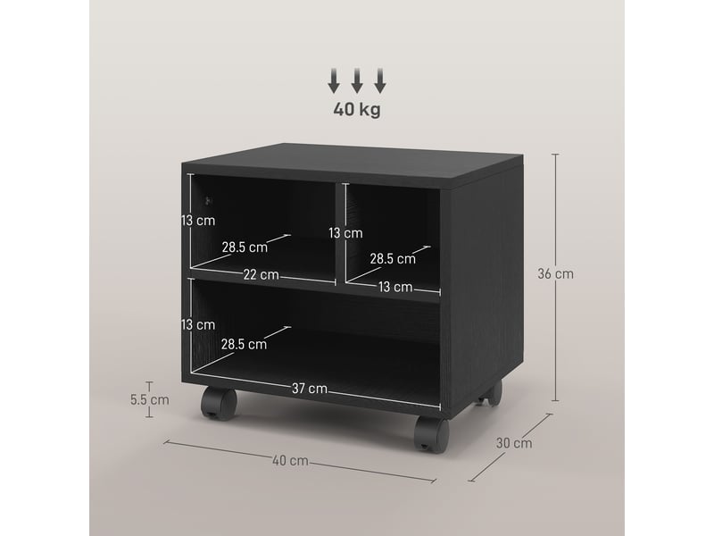  Support d'imprimante à 2 niveaux avec 3 compartiments et roulettes pour bureau et espace de travail, 40 x 30 x 36 cm, noir  - Conforama E