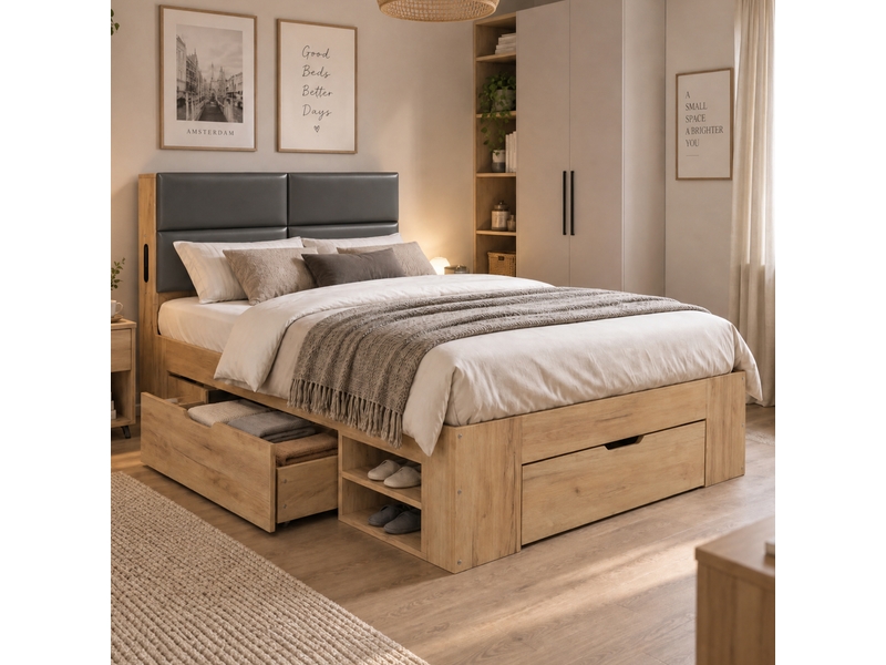 Lit enfant 90 × 200 cm avec tiroirs, niches coulissantes, usb, usb-c et veilleuse, sans matelas, mdf naturel  - Conforama C