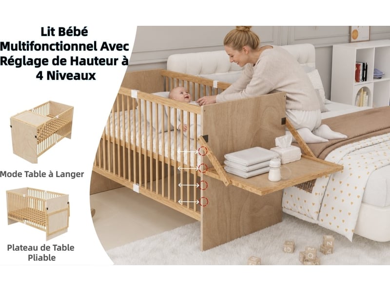  Lit bébé multifonction 70x140 cm, table à langer pliante, sommier 4 hauteurs, bois naturel, sans matelas  - Conforama C