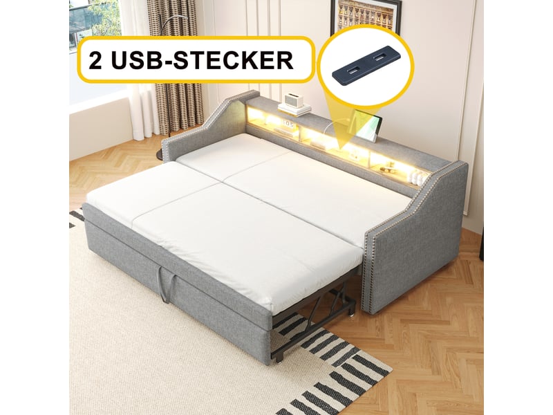  Lit gigogne gris clair 90x190 cm – led et usb, sommier inclus  - Conforama D
