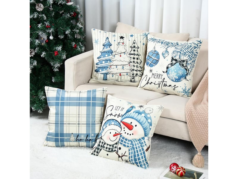  Housses de coussin de noël 45 x 45 cm, 4 pièces, décoration d'intérieur de noël - coussin décoratif de noël en lin bleu et blanc pour coussins de can  - Conforama C