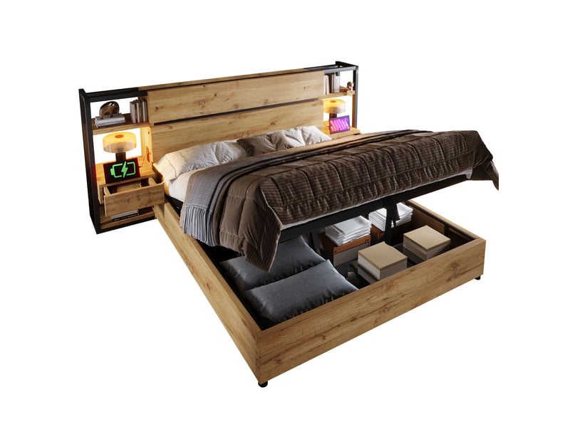 Lit coffre hydraulique 180x200 cm avec tête de lit rangement-usb et type-c-tiroirs intégrés-effet chêne - Conforama A