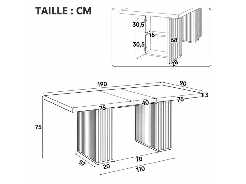 Table extensible pour 6 à 8 personnes avec rangements, 150 à 190 × 90 cm, couleur chêne - Conforama C