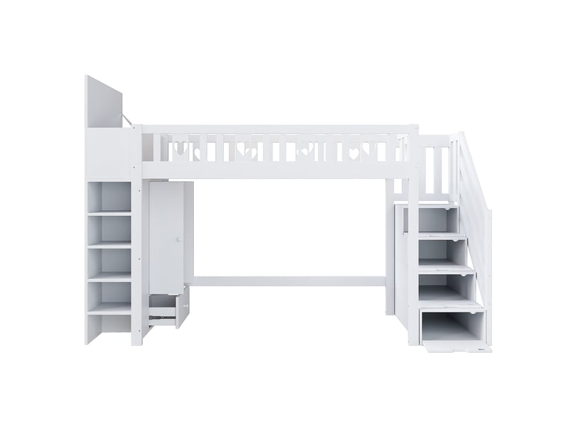 Lit mezzanine blanc 90x200 cm, escalier-rangement, étagères et armoire pliable - Conforama A