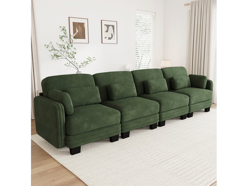  Canapé droit modulable 4 places 330x88x88 cm, coussins lombaires, design ergonomique, chenille vert  - Conforama B